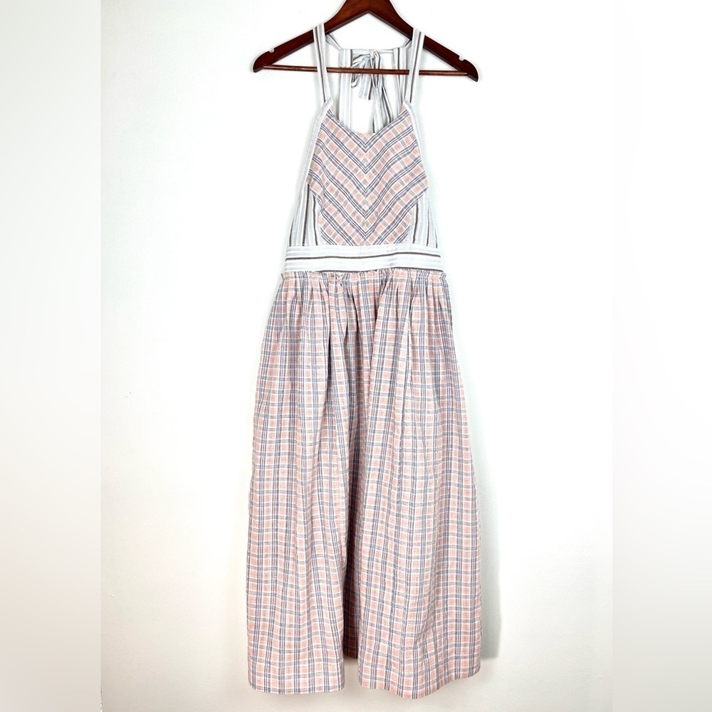 Free People Color Theory Plaid Open Back Tie Apron Relaxed Midi Dress Size XS - Picture 5 of 11